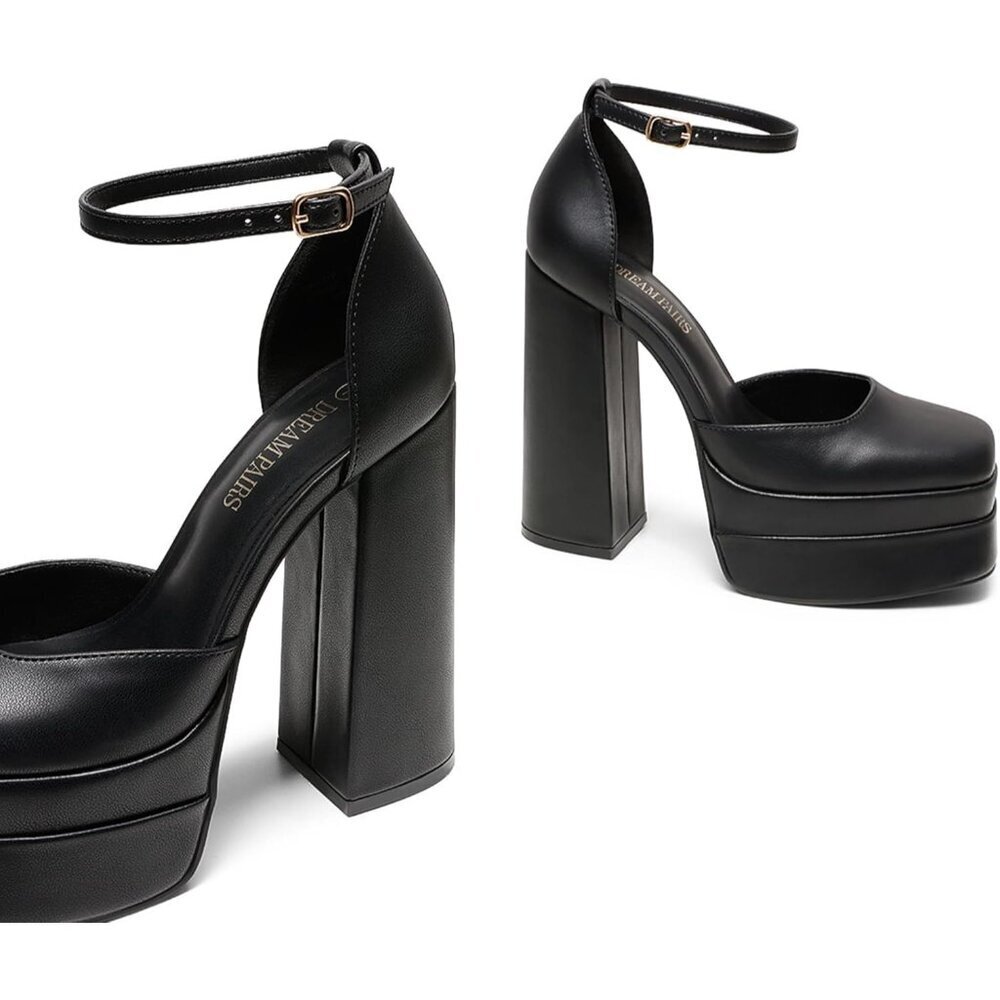 Dream Pairs Womens Black Faux Leather Closed Toe Chunky High Heels Platform - Picture 5 of 9